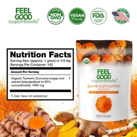 Feelgood Organic Superfoods Pure Curcumin Powder, Organic, Non-GMO, Vegan from Bulk Ground Turmeric Root from India, Curcuma Longa Joint Supplement, 5 oz