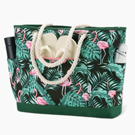 Chase Chic Beach Bag for Women, Large Beach Bag with Multiple Pockets and Zip for Travel and Holiday, Green Flamingo