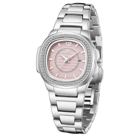Women's Watches Fashion Square Dial Stainless Steel Waterproof Date Diamond Ladies Dress Wristwatches (Pink)