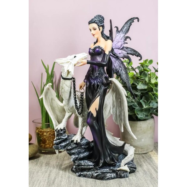 Ebros Gothic Fairy with Arctic White Dragon Statue 9.5" Tall