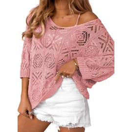 Dokotoo Women's Spring Crochet Hollow Out 3/4 Sleeve Pullover Sweater Resort Wear for Women 2025 Off Shoulder T-Shirts Country Concert 0utfits for Women Pink Small