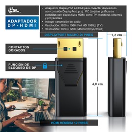 CSL - DisplayPort to HDMI Adapter - DP 1.2 4K Ultra HD 4K x 2K at 30Hz - Full HD 1080p - 32 Bit True Colour - 3D - HDCP - Ideal for PC and Mac Notebook Graphics Cards - Gold-Plated Contacts