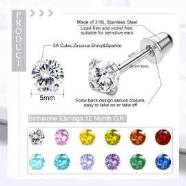 JeryWe 12 Pairs Screw Back Earrings for Women Stainless Steel Multicolored Cubic Zirconia Earrings 3mm /4mm/5mm Stud Earrings with Safety Backs Hypoallergenic Earrings 5MM