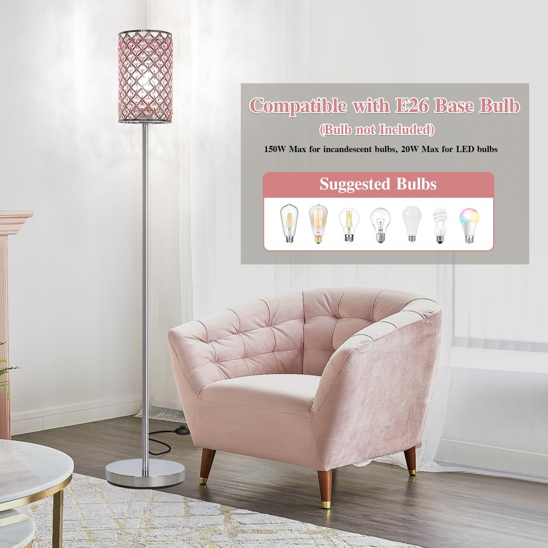 Crystal Floor Lamp for Bedroom, Silver Floor Lamp with Pink