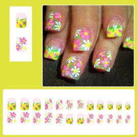 24 Pcs Pink Press on Nails Short Square,YIHONGYUAN Cute Fake Nails Press ons Yellow French Nail Tip Acrylic Kit Glue on Nails Full Cover False Nails with Flower Glossy Design Stick on Nails for Woman