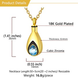 U7 Fashion Urn Necklace for Ashes Men Women 18K Gold Plated Stainless Steel Keepsake Urns Pendant with March Birthstone, Aquamarine Teardop Necklace