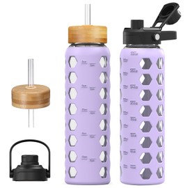 MUKOKO Glass Water Bottles, 32oz Glass Tumbler with Straw, Drinking Bottles with 2 Lids-Handle Spout Lid&Bamboo Straw Lid, Motivational Water Bottle with Time Marker and Silicone Sleeve, 1 Pack-Purple