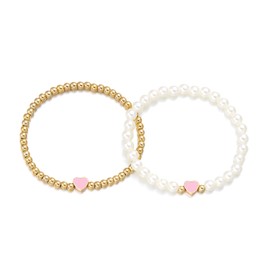 COLORFUL BLING 2Pcs/Set Sweet Heart Double Layer Bracelet Pearl Stretch Bracelet Gold Beads Adjustable Bracelet Set Jewelry for Women-Pink