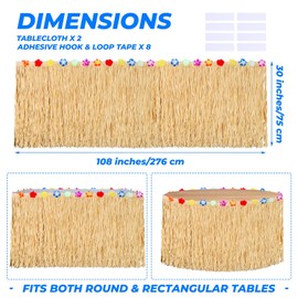 Aodaer 2 Pack Paper Luau Grass Table Skirt with Hibiscus Flowers 9 Feet x 30 Inch Raffia Style Hawaiian Table Skirt Rectangle Tropical Luau Party Decorations for Summer Beach Party, Straw