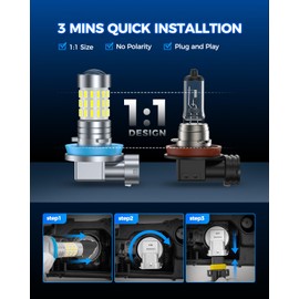 Marsauto H11 H8 LED Fog Light Bulbs or DRL, 10,000 Lumens 6000K White, 48 Chips Fog Lights, H11 Led Bulb 1:1 Mini Size H11/H8/H16 Led Fog Lights, 360° Full Illumination(Pack of 2)