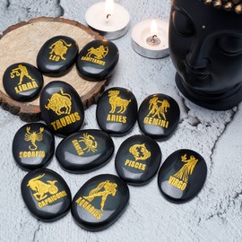 Crocon black agate Zodiac or horoscope symbols engraved stones with name (set of 12) for reiki healing gemstone love crystals sun sign gift