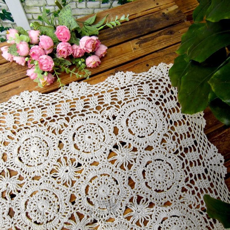 Lelefly Cotton Handmade Crochet lace Table Runners Rectangular Tablecloth Doilies