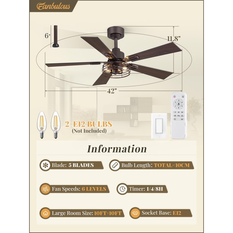 Fanbulous 1 Pack Farmhouse 42 Inch Ceiling Fans with Lights,