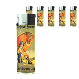 Refillable Electronic Lighter Set of 5 Pieces D-027 Girl Umbrella The Dunes Beaches by The South Shore LINE Chicago Illinois Vintage