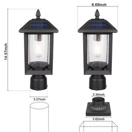 Solar Lamp Post Light, Solar Post Lights Outdoor, Waterproof Anti-Rust Black Post Lights with Seeded Glass, LED Solar Powered Lamp for Front Door, Porch, Garage, and Patio （Bulb Included） SR012-P