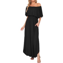 AUSELILY Womens Off The Shoulder Dress Summer Casual Long Ruffle Party Side Split Beach Maxi Dresses with Pockets Black XL