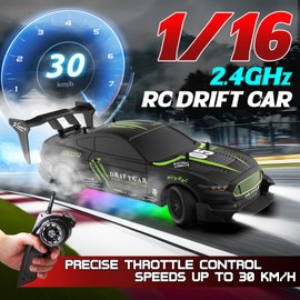 LFOLUSU Remote Control RC Drift Car 1:16 Scale 4WD RC Car with LED Lights 2.4GHz 30km/h RTR High Speed Racing Sport Toy for Adults Boys Girls Kids Gift 2Pcs Rechargeable Battery (A-Black)