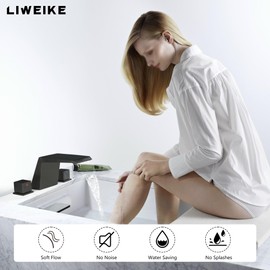 LIWEIKE Deck Mount Tub Faucet, Roman Tub Faucet Set 3 Hole High Flow Bathtub Faucets with 2 Handle Waterfall Tub Filler, Matte Black