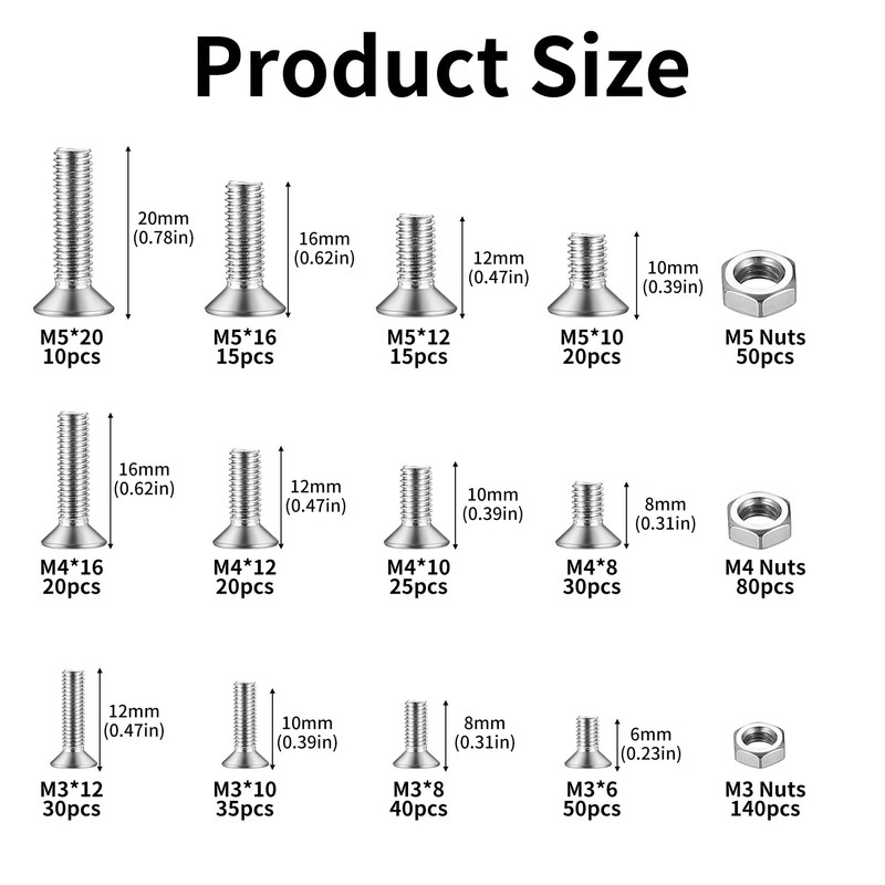 580 Pcs M3 M4 M5 Screws Set, Countersunk Bolts and