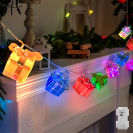 Christmas Gift Box String Lights with Timer, 6.5ft 10 LED Iridescent Christmas Decoration, Battery Operated Fairy Lights for Xmas Tree Decor Fireplace Mantel Stairs Room Party (Multicolor)