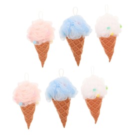 Vaguelly 6pcs Cartoon Bathing Balls Ice Cream Shape Reusable Loofah Scrubber for Adults Soft Fluffy Body Wash Balls for Healthy Skin Easy Storage with Lanyard for Daily Shower Use