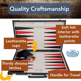 WE Games Backgammon Set, Elegant Black Leatherette Case, 21 x 12.5 in. Closed; 25 x 21 in. Open, Family and Adult Board Games, Travel 2 Player Game
