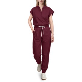 Eadflie Scrubs for Women Set - [Burgundy Red/L], Cool Stretch Jogging Scrub Nurse Uniform Set, Comfortable Breathable Scrub Tops and Scrub Pants, Multi Pocket Stand Collar Design for Nurse Workwear