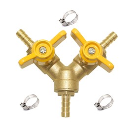 Hooshing 3 Way Shut Off Valve 1/4" Hose Barb 2 Switch Y Shaped Ball Valve Soild Brass with Stainless Clamps for Water Fuel Air