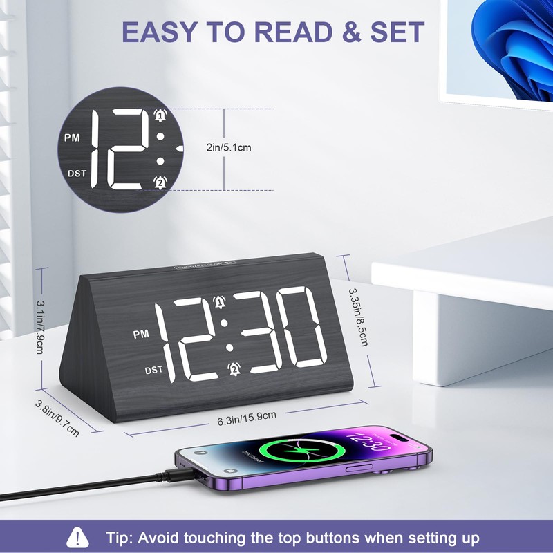 OQIMAX Wooden Alarm Clock for Bedrooms, Digital Alarm Clocks with
