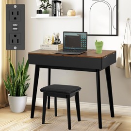 JanflyHome Vanity Desk, Small Makeup Vanity with Flip Top Mirror & LED Light, Rustic Makeup Vanity Desk with Power Outlet, Vanity Set with Cushioning Stool, Vintage Vanity for Bedroom, Black Brown