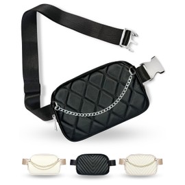 Boutique Luxury Chain Belt Bag | Crossbody Bag Leather Fanny Pack for Women Fashionable | Cute Everywhere Bum Hip Waist Pack | Small Travel Fashion Chest Bag (Extended Strap, Black Silver | Diamond)