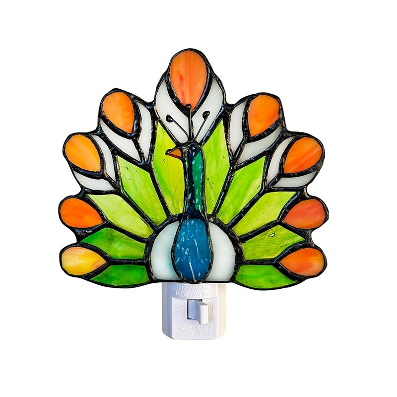 WKINGDIY Tiffany Stained Glass Peacock Night Light WKD1003 (Green、Orange) Tiffany