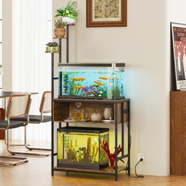 Welfuturer Aquarium Stand with Plant Shelves,20-Gallon Fish Tank Stand with 2-Tier Storage and Display Racks,Metal Frame Reptile Tank Table with Tall Plant Holders,Industrial Rack for Home,Office