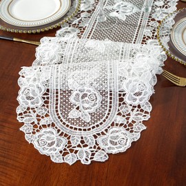 auons White Lace Table Runner Dresser Scarf Crochet Oval Peony Floral Table Doilies Elegant Table Placemats for Home Banquet Festival Party Wedding Decor, 12 x 18 Inch