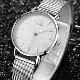 SHENGKE Creative Simplicity Women Watch Mesh Band Elegant Women Watches Ladies Business Wristwatch (K0006-silver-mesh Band)