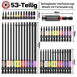 GEINXURN Torx Screwdriver Bit Set Impact Resistant T7-T40 25 mm 50 mm 75 mm 150 mm Length 1/4 Inch Hex Shank S2 Alloy Steel Bit Set with 1 Piece 60 mm Magnetic Bit Holder, Colour-Coded Base