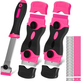 Razor Blade Scraper Tool, 3Pcs Pink Razor Scrapers with 15pcs Metal and 30pcs Plastic Blades, Scraper Tool for Cleaning Paint, Decals, Adhesive, Caulk, Stickers, Glass, Labels, Window, Stovetop