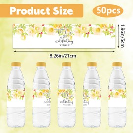 URROMA Yellow Flower Wedding Water Bottle Labels, 50Pcs Glossy Waterproof Wrappers Wraparound Label Thank You Stickers for Bridal Shower Birthday
