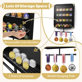 Coin Display Case Wall Mount, Challenge Coin Holder and Medal Display Frame, ATSKIM Lockable Military Pins Stand for Collectors, Wooden Memorial Shadow Box with Acrylic Removable Shelves (Black)