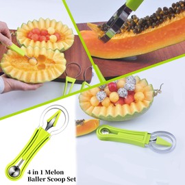 Juego de 5 cucharadas de melón Baller, cortador de semillas de acero inoxidable 4 en 1, cortador de semillas de cuchara de melón de doble cara, cortador de aguacate, cuchillo de talla de sandía para