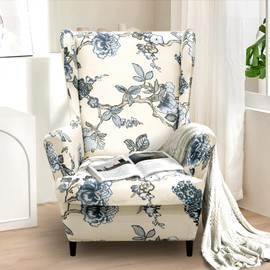 Alishomtll 3-Piece Wing Chair Cover with Ottoman Protective Cover Stretch Armchair Throws Elastic Armchair Cover Strandmon Tiger Chair Cover with Armrest High Backrest Universal (Blue Flowers)
