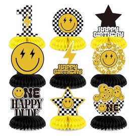 SKTMH 9Pcs One Happy Dude 1st Birthday Party Decoration One Happy Dude Honeycomb Centerpiece Smile Face Table Toppers Centerpieces Groovy Smiley Face Centerpieces for Little Dude 1st Birthday Decors