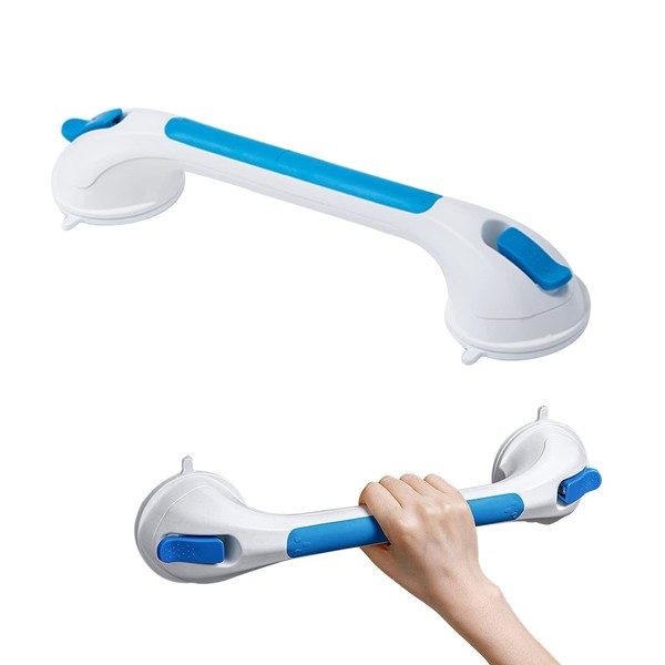 Shower Grab Handle with Suction Cup, Shower Handle Suction Cup, No Drilling, Super Suction, Non-Slip Bath Handle, Bathroom Grab Handles for Seniors, Pregnant, Children (White-Blue)