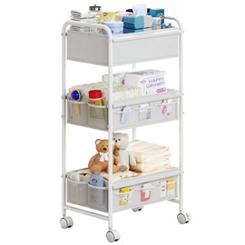 3-Tier Baby Diaper Caddy Cart Organizer,Mobile Nursery Organization with Wheels,with 2 Dividers & 14 Mesh Pockets Durable Metal Utility Cart for Nursery, Bedroom, Bathroom Essentials Organization