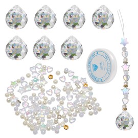 8Pcs Crystal Ball Prism 20mm, DIY Suncatcher with Beads with String, Hanging Crystal Sun Catcher for Windows, Christmas Tree, Home Decor