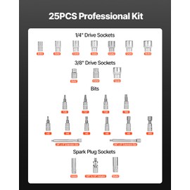 VEVOR 26Pcs Torque Wrench Set, 3/8 Inch Drive, 3.7-44.3FT.LB(5-60Nm), 72-Tooth Click Torque Wrench with Hex/Torx/Spark Plug Sockets, Extension Bars, 1/4 Adapter, for Bicycle Motorcycle Maintenance