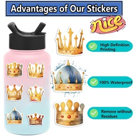 Crown Stickers for Laptop (50 Pieces), Gift for Children, Teenagers, Adults, Boys, Crown Princess Stickers, Waterproof Vinyl Stickers for Scrapbooking, Skateboard, Car, Luggage