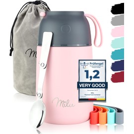 Milu® Thermo Food Flask - 300, 440, 450, 650, 800ml - Stainless Steel Insulated Container - Lunchbox - Jar with Spoon for hot and Cold Food (Pink, 800ml)