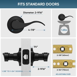 TICONN Traditional Wave Style Reversible Door Lever, Door Handle for Interior Doors and Closet (Matte Black, Passage, 2-Pack)