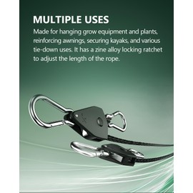 STAYGROW 4-Pack 1/8" Adjustable Rope Hanger, Heavy Duty Ratchet Tie Down Strap with Reinforced Metal Gear, Ratcheting Pulley System Kayak Straps for Hanging Plants Grow Light and Various Tie-Down Uses